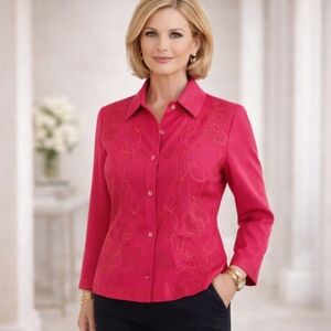 Vtg Red silk Blouse scroll work Office Siren button up career Sz M